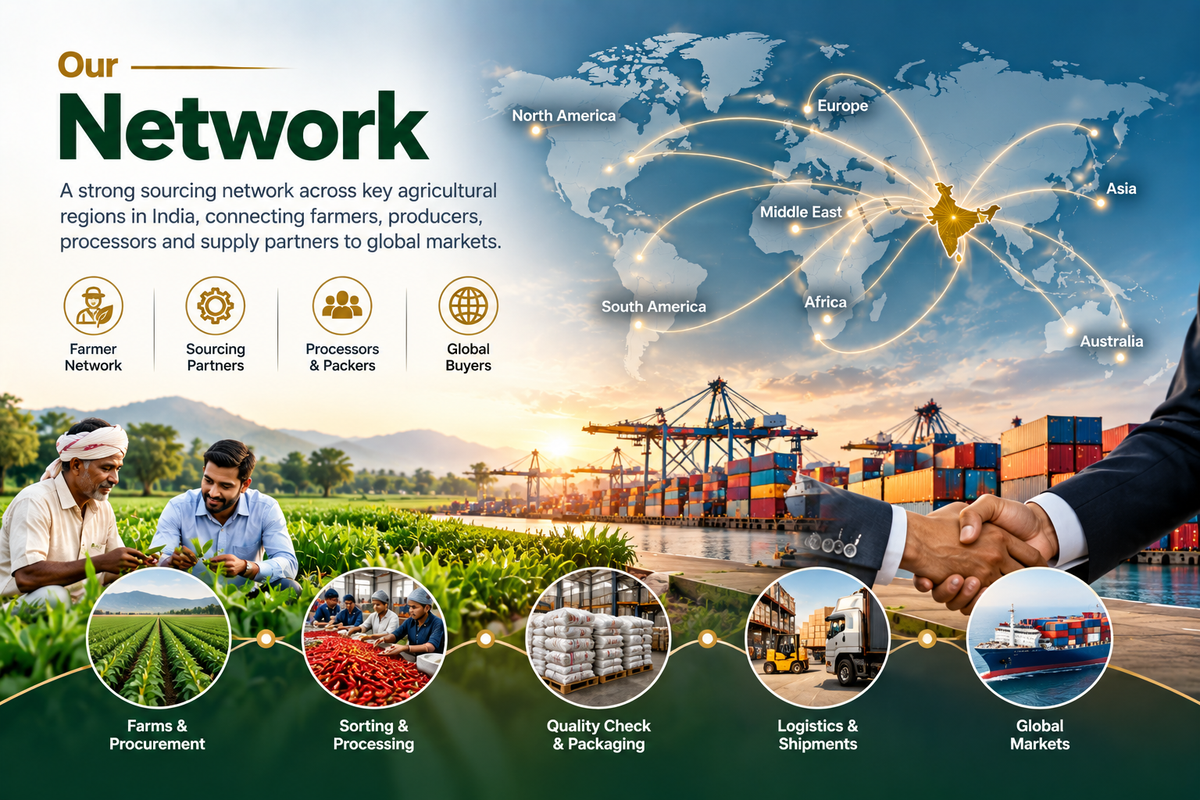 A trusted sourcing network connecting reliable farmers, producers, processors, and partners across India to serve global markets with quality and consistency.