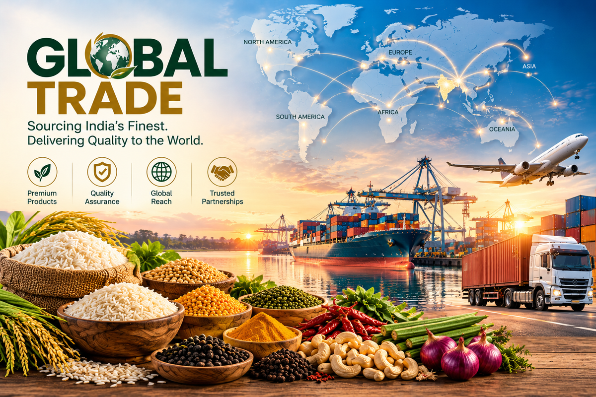 SSBR Global Trade - trusted Indian exporter and supplier of premium rice, pulses, spices, fresh produce, cashews, and dehydrated agricultural products to global markets.