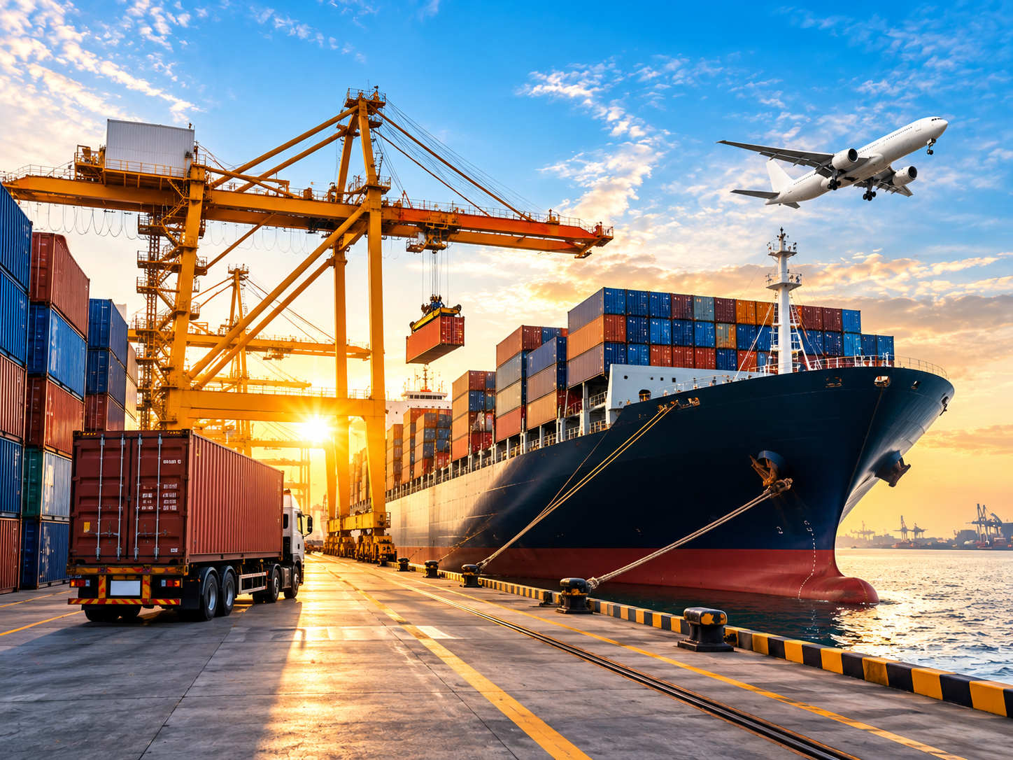 Global trade and logistics showcasing a cargo ship, shipping containers, port operations, and air freight for SSBR Global Trade’s agricultural exports from India.