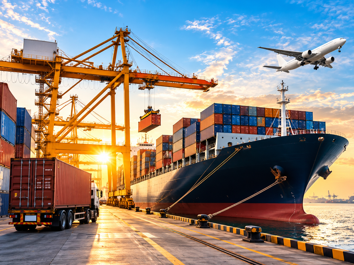 Global trade and logistics showcasing a cargo ship, shipping containers, port operations, and air freight for SSBR Global Trade’s agricultural exports from India.