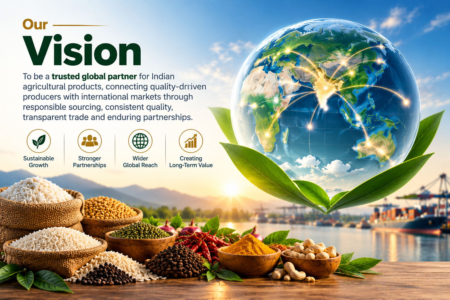 To be a trusted global partner for premium Indian agricultural products, delivering quality, reliability, and value across global markets.