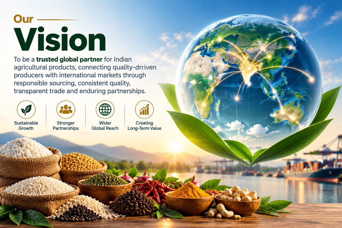 To be a trusted global partner for premium Indian agricultural products, delivering quality, reliability, and value across global markets.