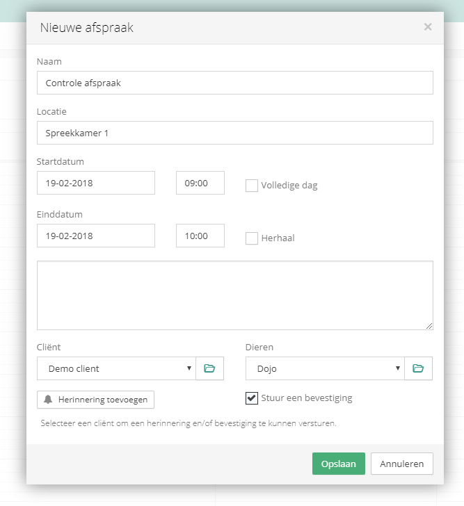Schermafbeelding automatisch bericht instellen in Vetocare