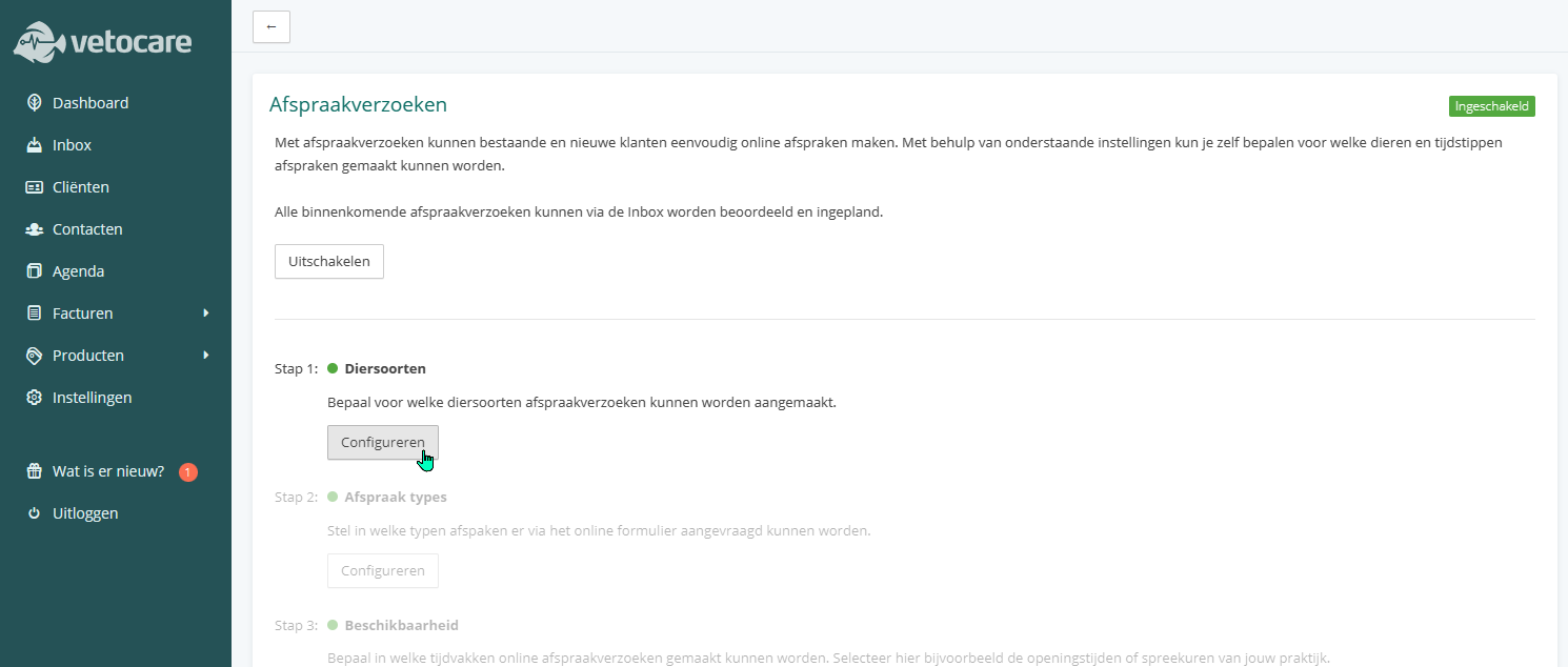 Afspraakverzoeken diersoorten instellen