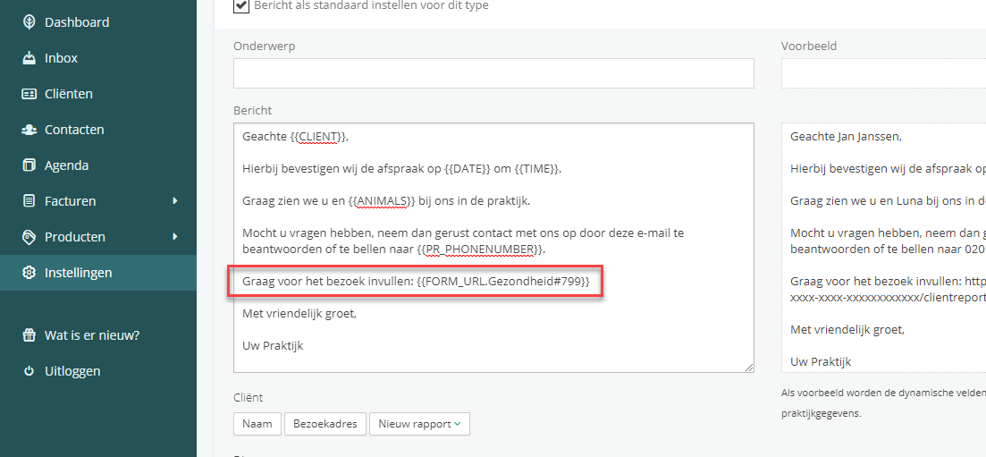Vetocare standaardberichten code