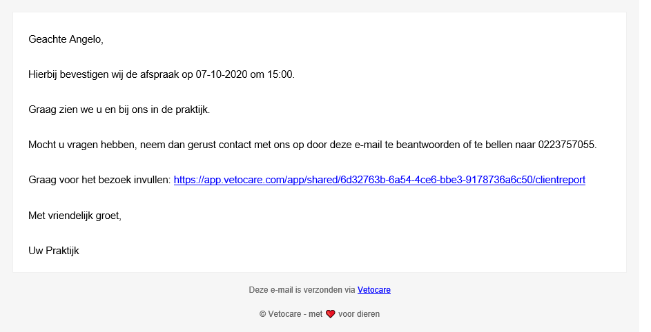 Vetocare standaardberichten email