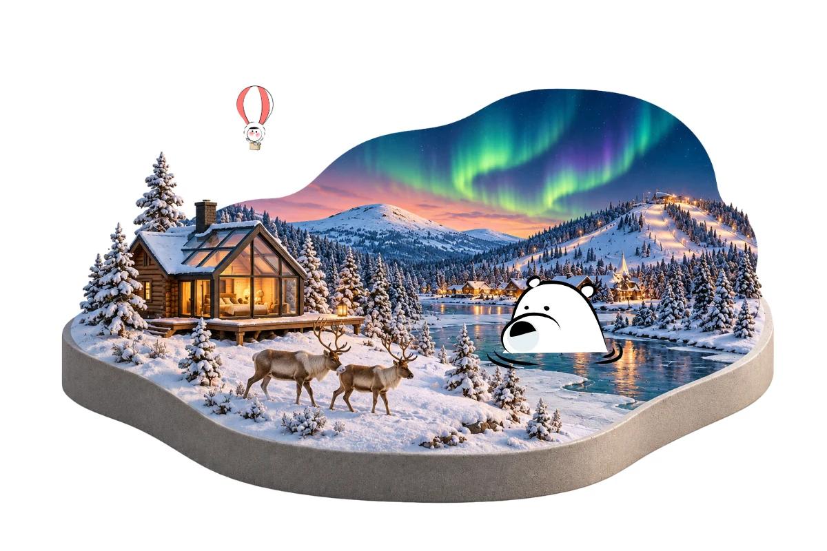 Lapland Finland featuring snowy forests, Northern Lights, reindeer, ski slopes, glass cabins and Arctic landscapes