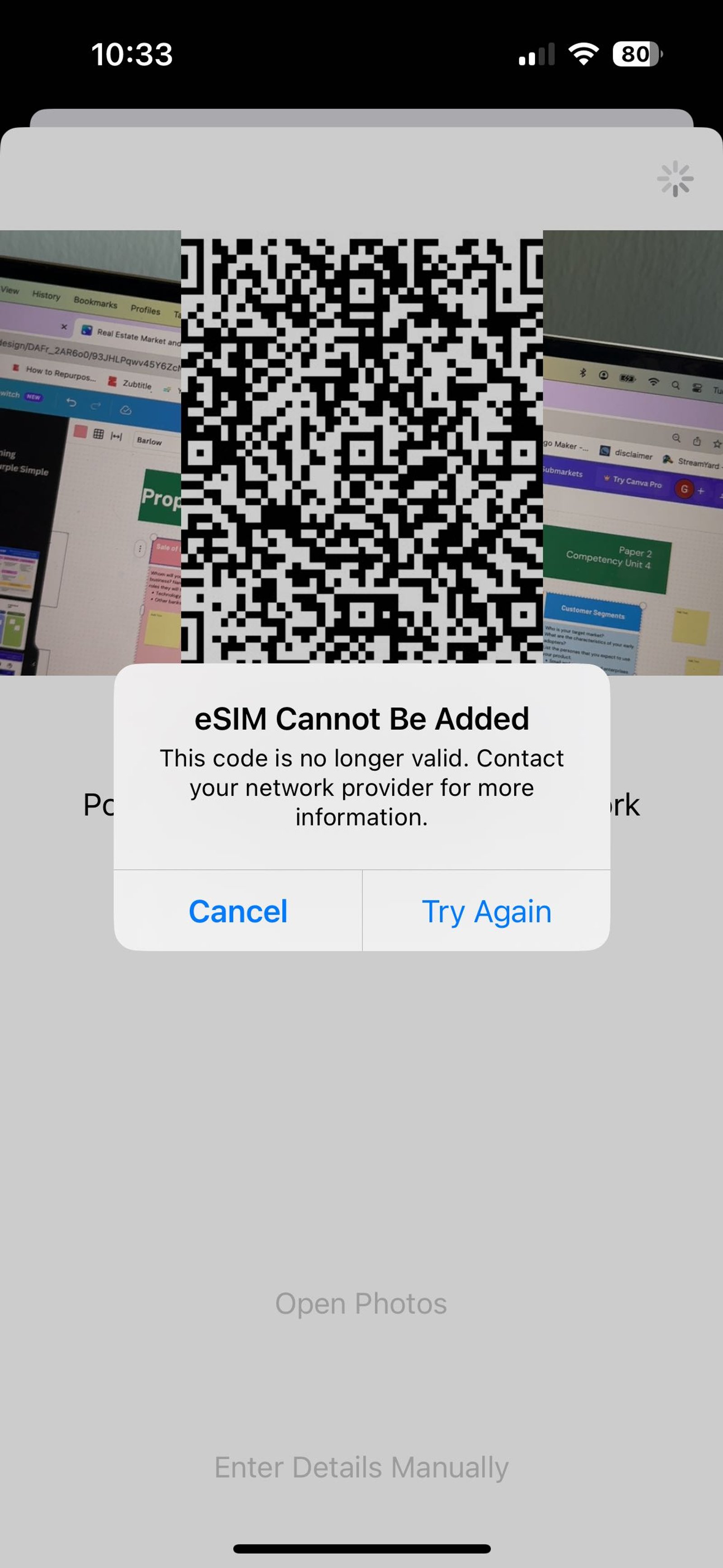 eSIM Installation error message on an iOS device that reads eSIM Cannot Be Added