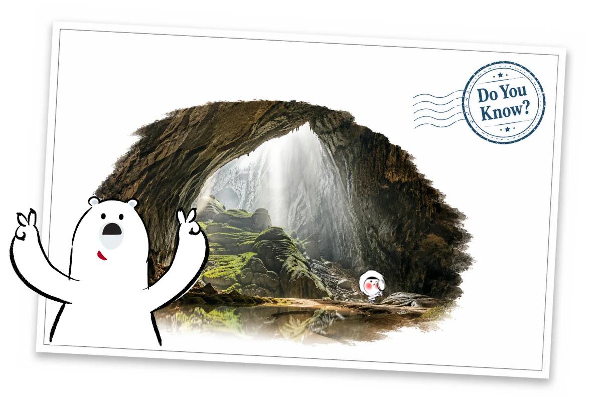 Son Doong Cave in Vietnam, the biggest cave in the world, with limestone walls, underground water, and sunlight entering from above