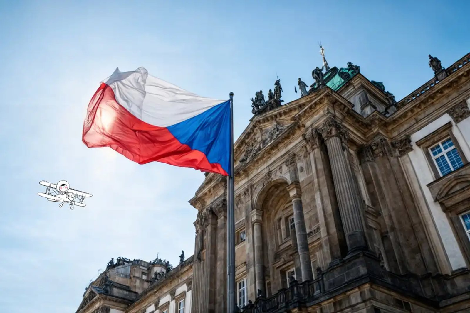 The Czech national flag flies on a tall flagpole in front of an ornate historic building with columns and statues, set against a clear blue sky. 