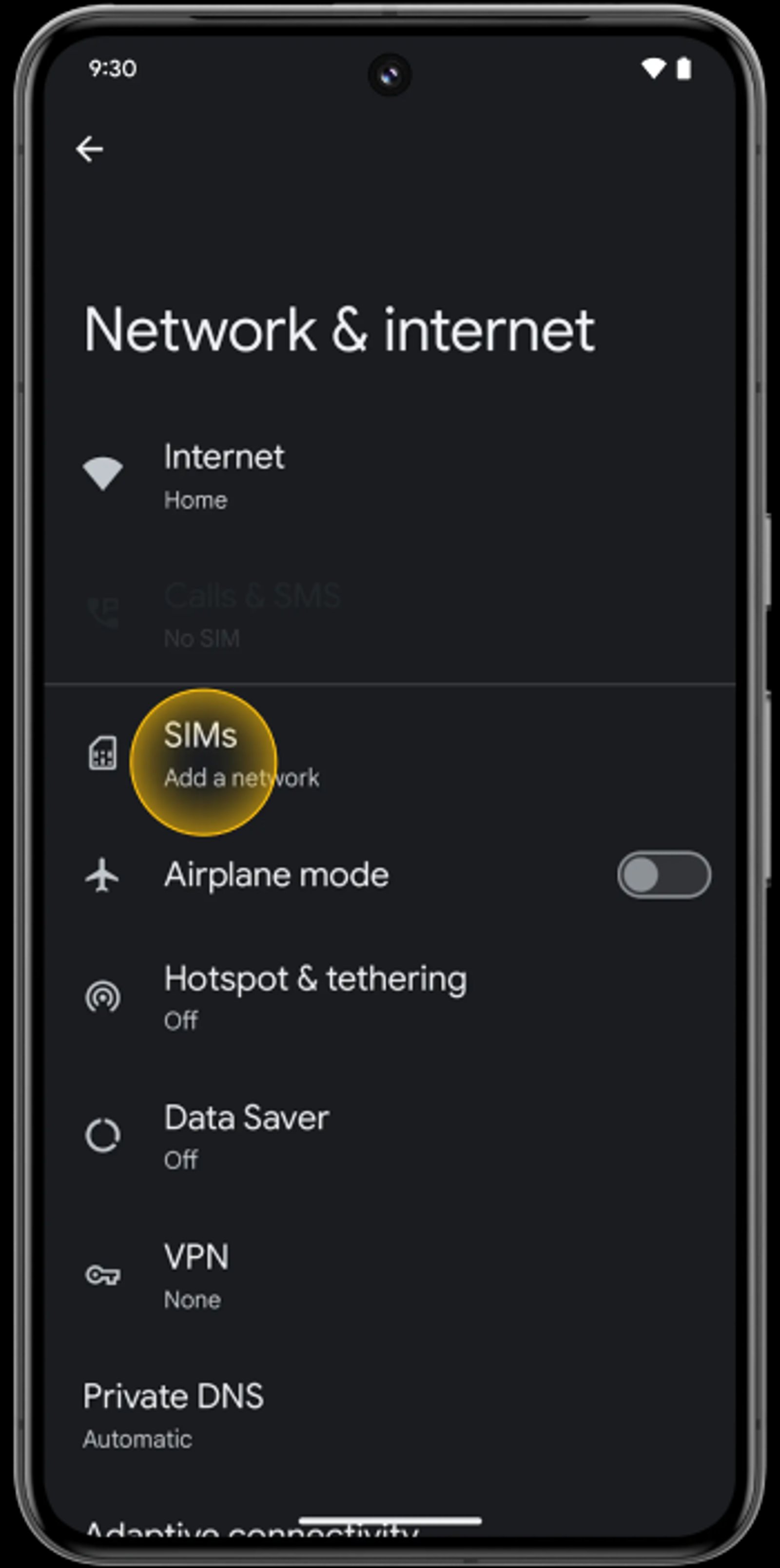 Google Pixel with an Add a network button