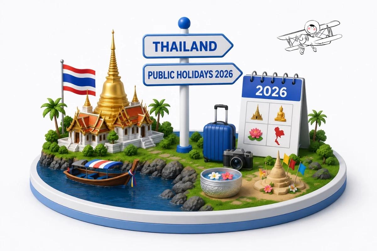 A travel-focused image representing Thailand during the 2026 holiday calendar, suitable for a guide to Thailand public holidays, Songkran, long weekends, and holiday travel planning.