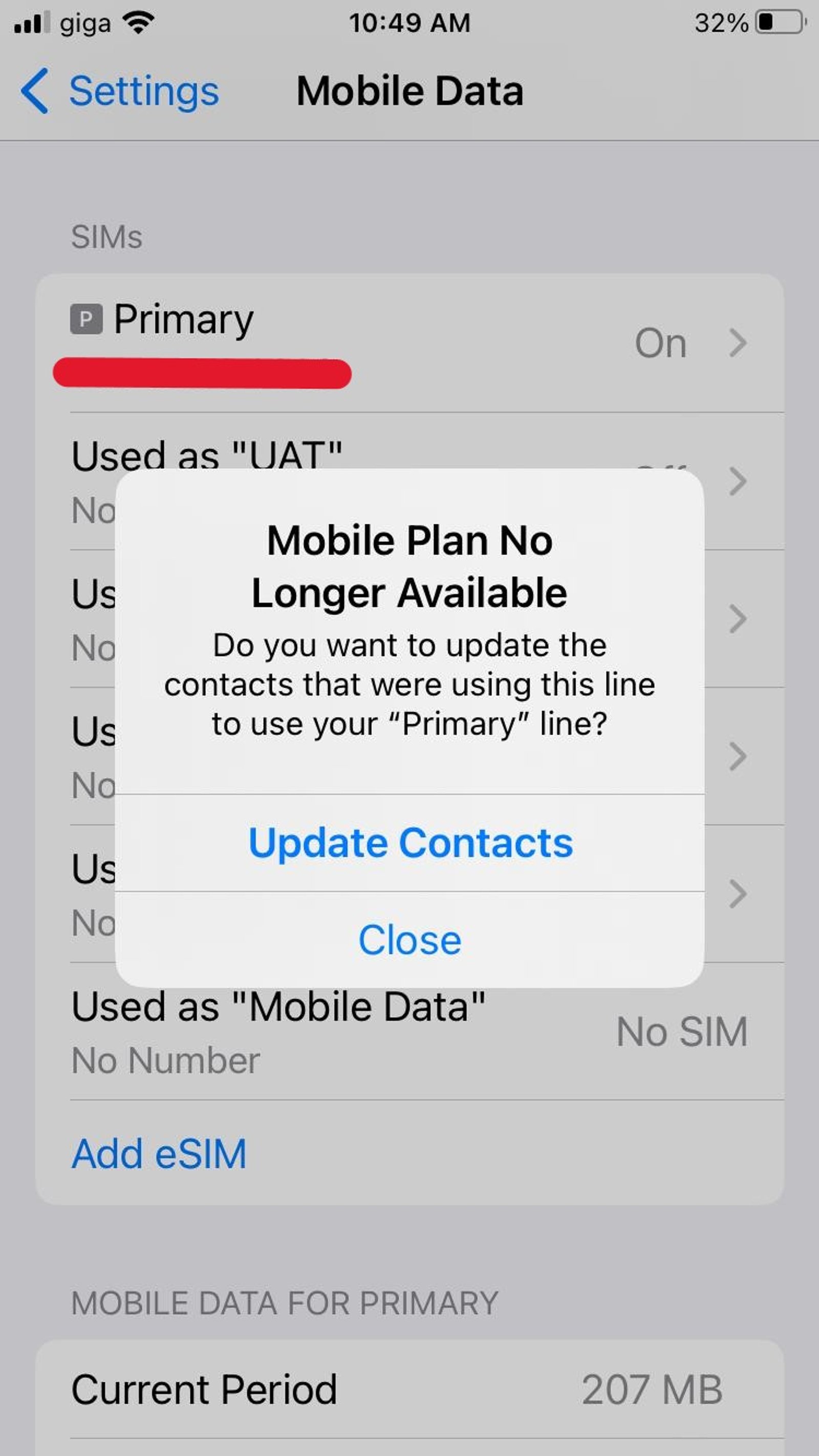 The final step of eSIM removal on iOS where you'd need to Update Contacts