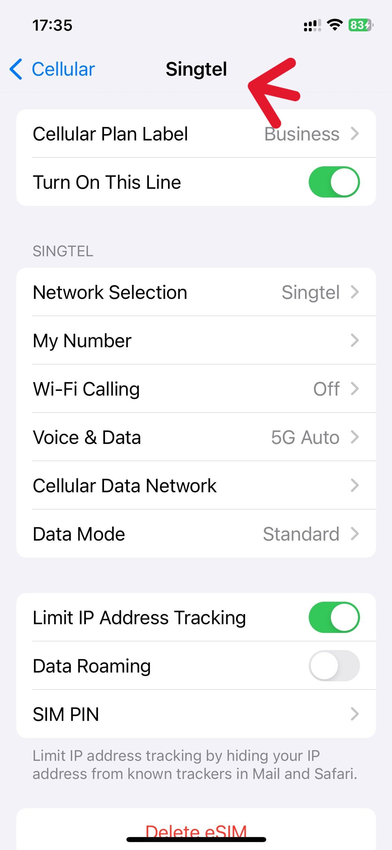 An iOS Settings page showing Singtel or Eskimo as the header