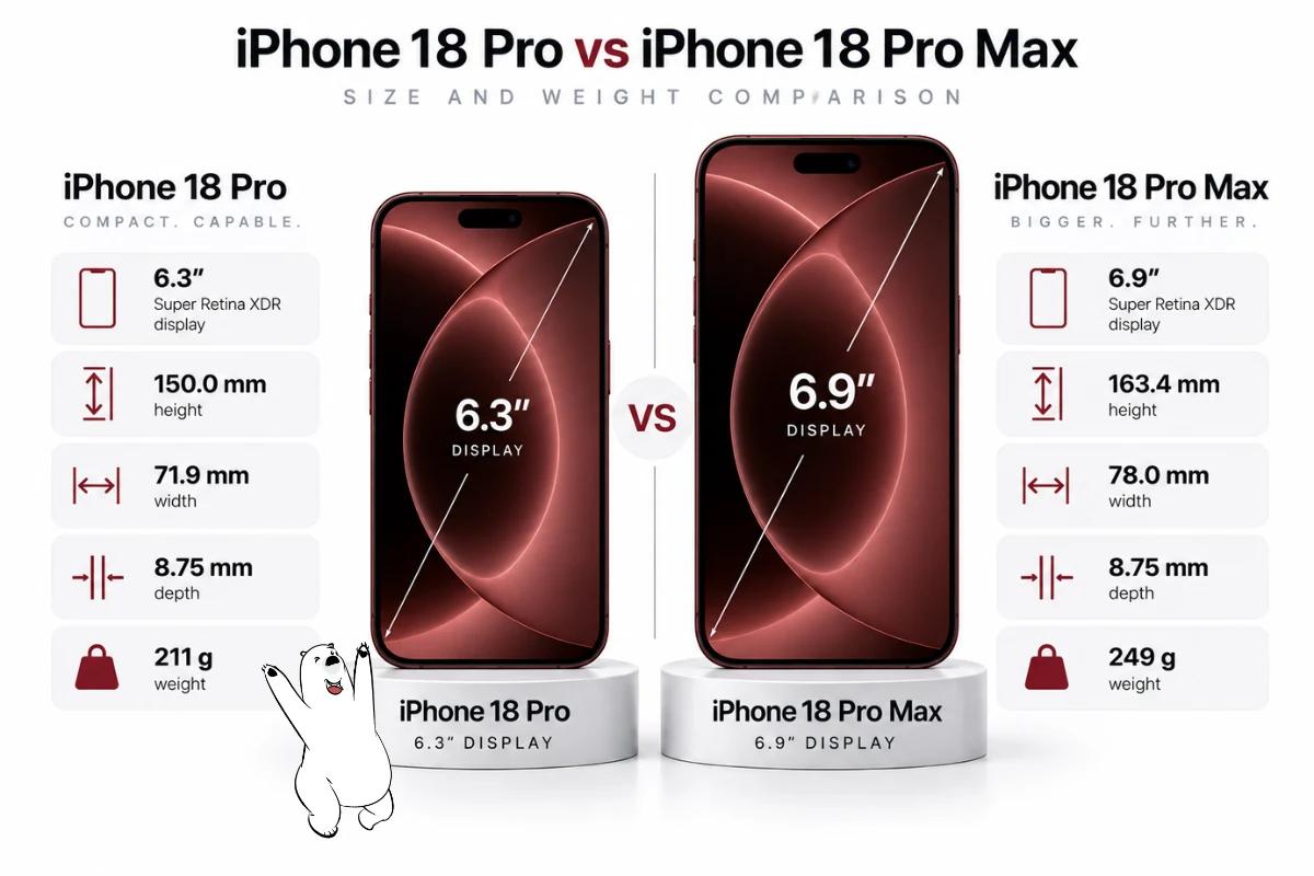 iPhone 18 Pro and iPhone 18 Pro Max side by side showing their difference in screen size