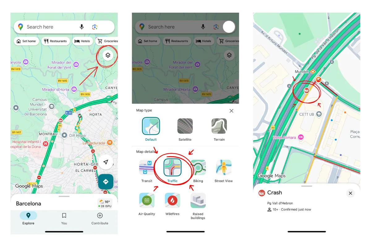 Google Maps Traffic Layer showing real-time road conditions, congestion levels, and crash alerts for checking road conditions before a trip