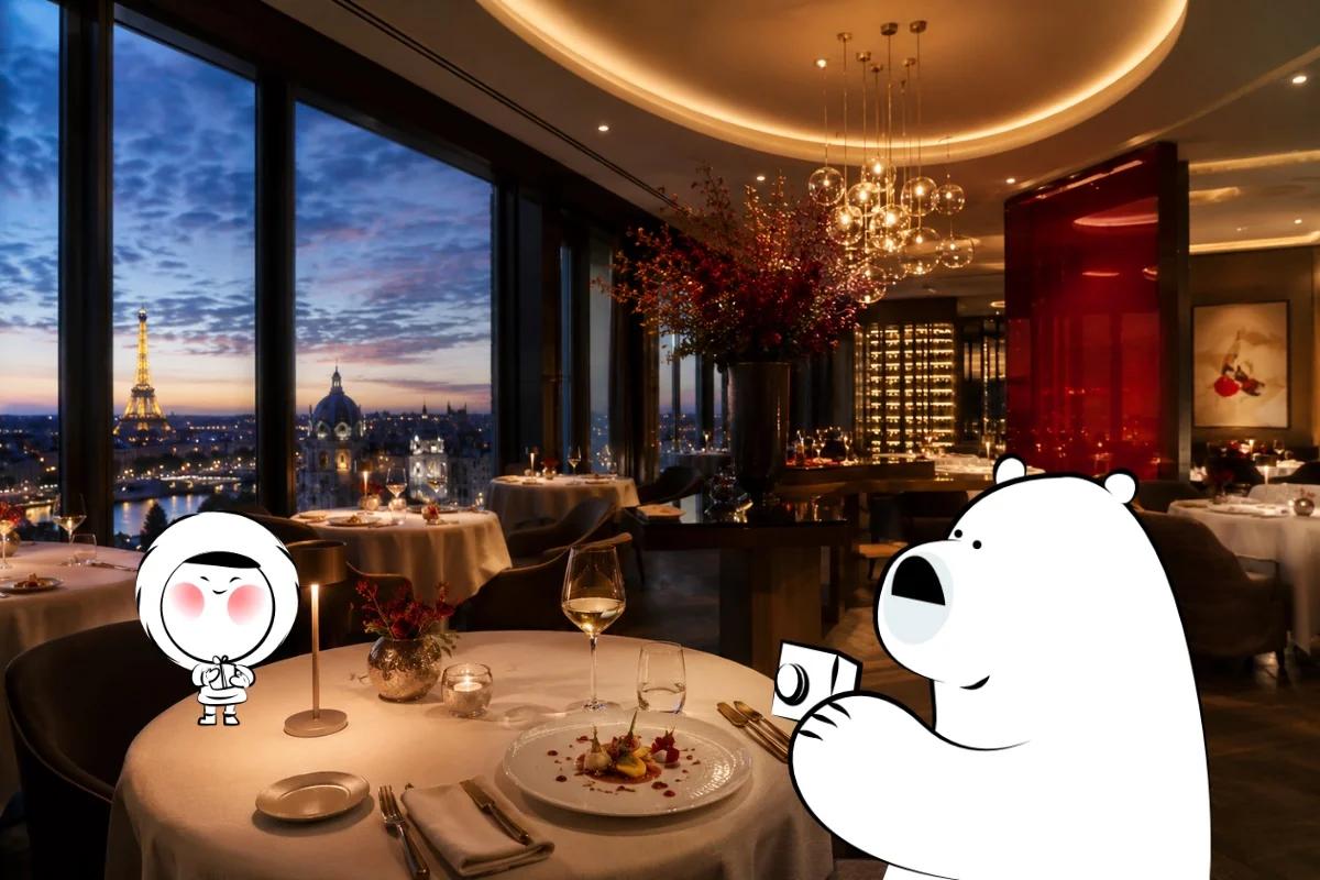 Luxury fine dining restaurant interior with elegant tables, city view, and Michelin-inspired destination dining atmosphere