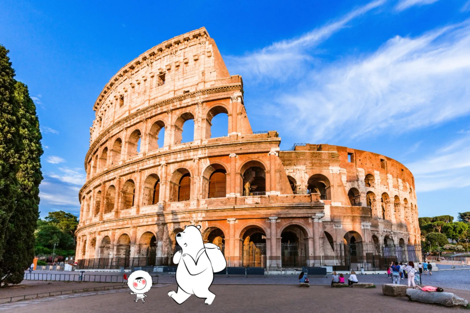 The Colosseum in Rome under a bright blue sky, with visitors gathered in the plaza in front of the ancient amphitheater.