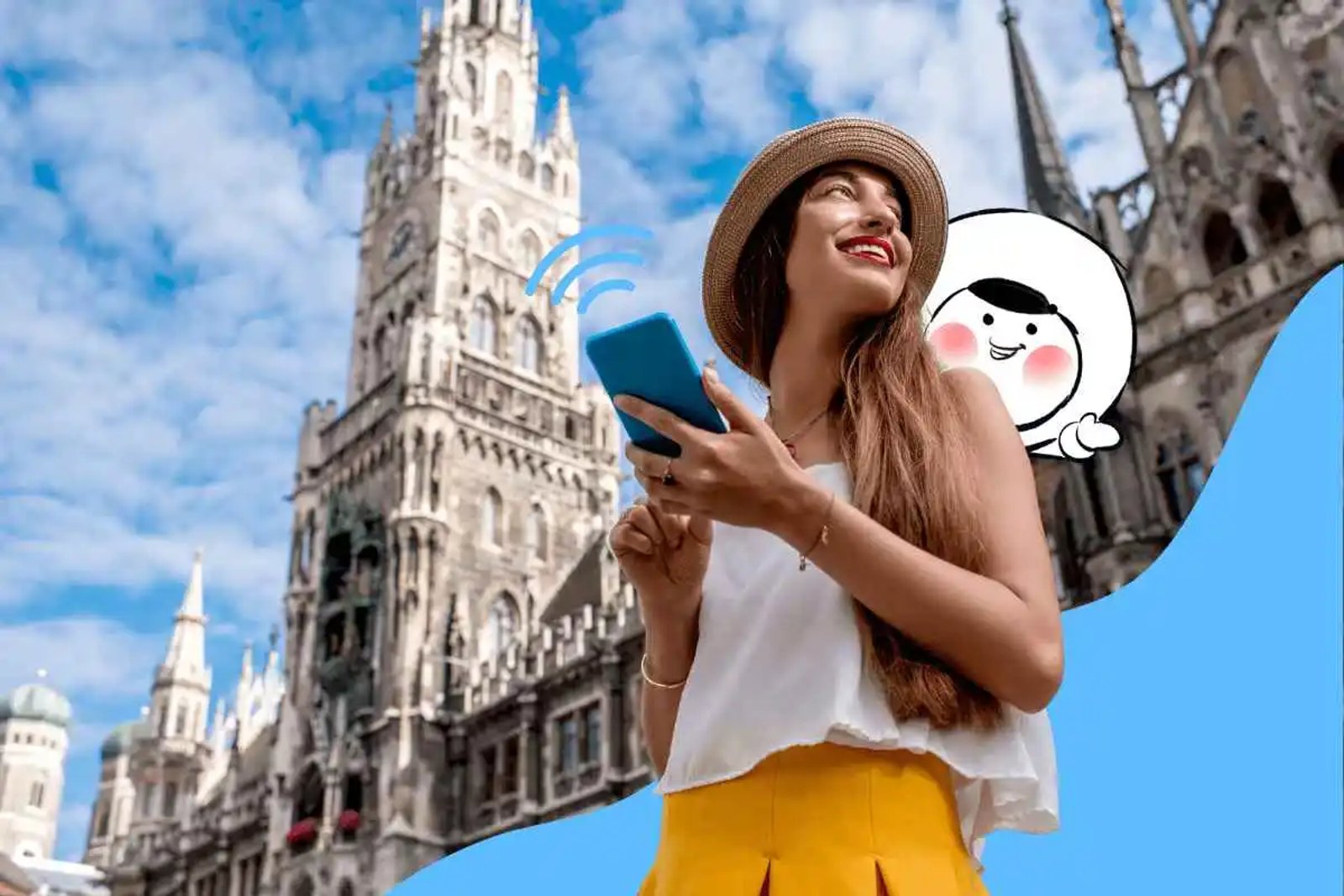 woman holding a phone using an Eskimo eSIM in Europe
