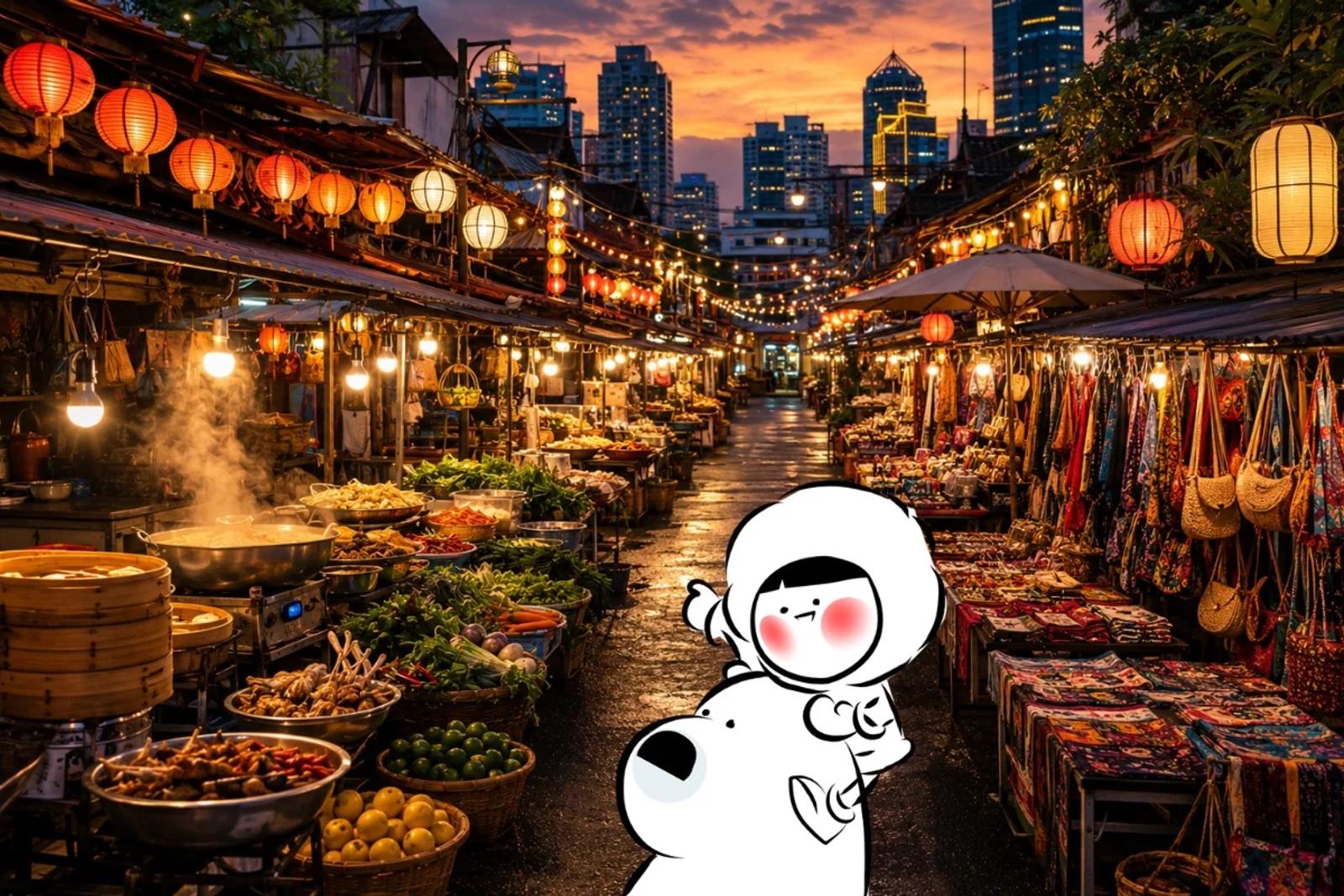 Vibrant Asian street market at dusk with glowing lanterns, food stalls, produce, textiles, and warm market lights