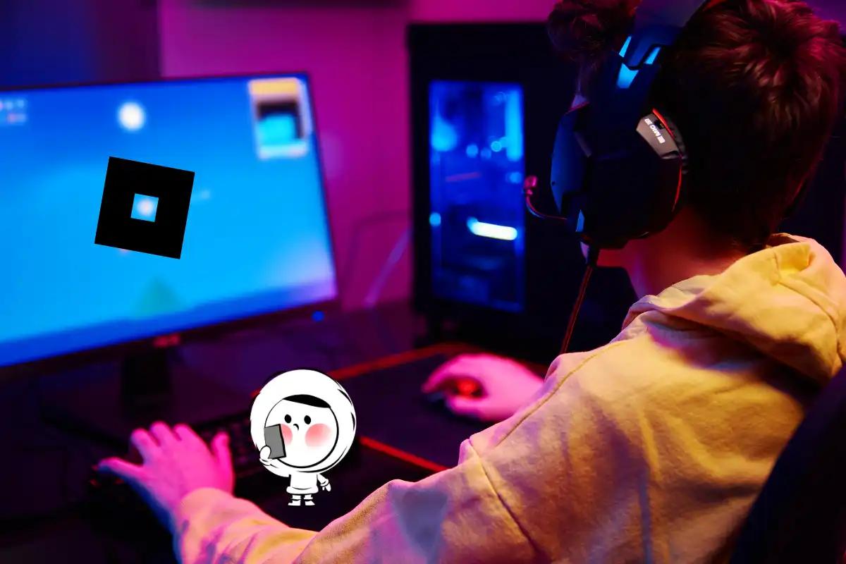 A gamer wearing a headset plays at a computer with colorful neon lighting, focusing on a game displayed on the monitor.