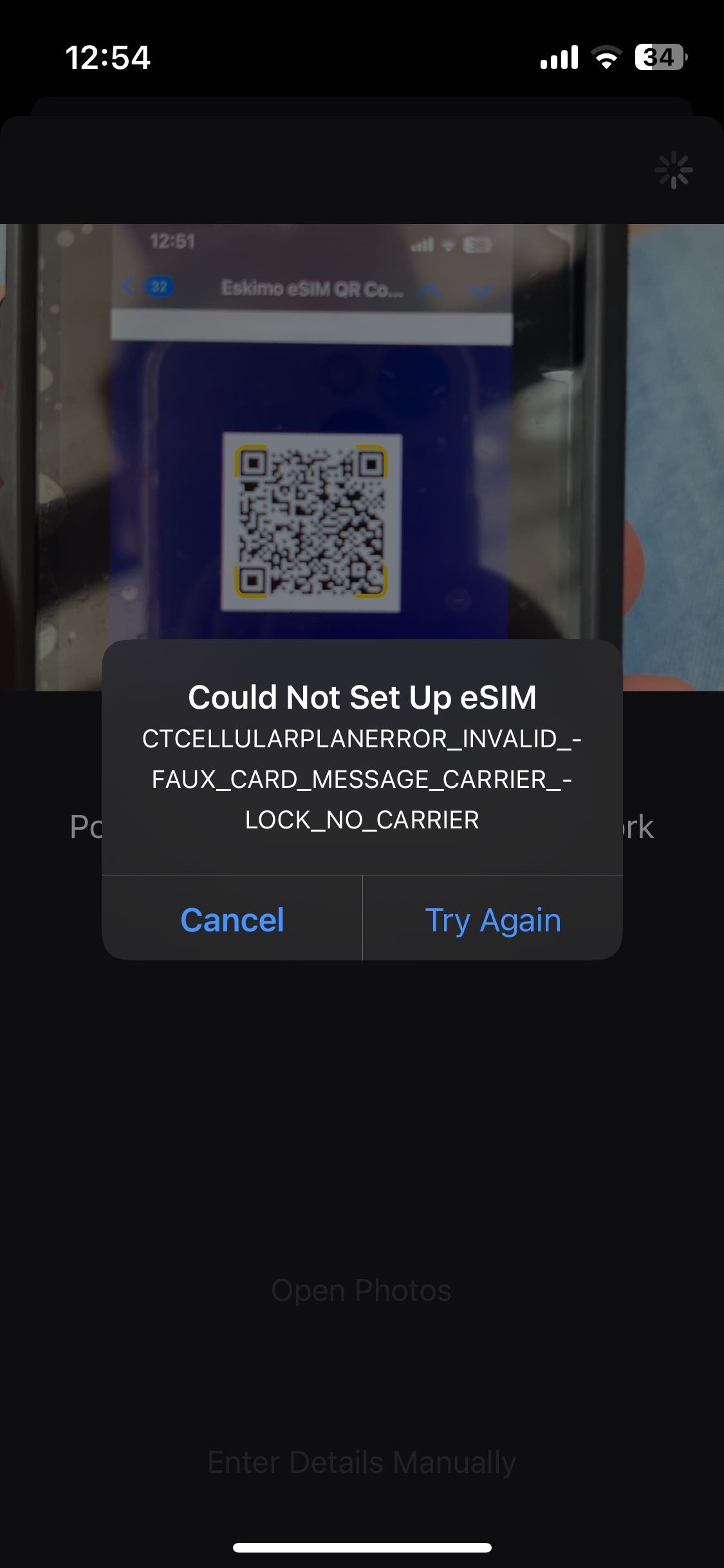 eSIM Installation error message on iOS that reads Could Not Set Up eSIM