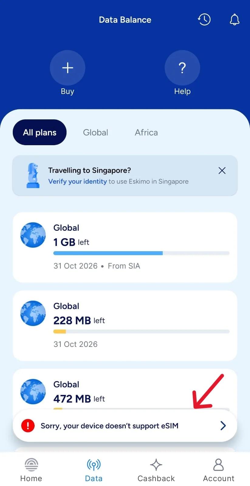 Eskimo app DATA page showing a message for incompatible devices