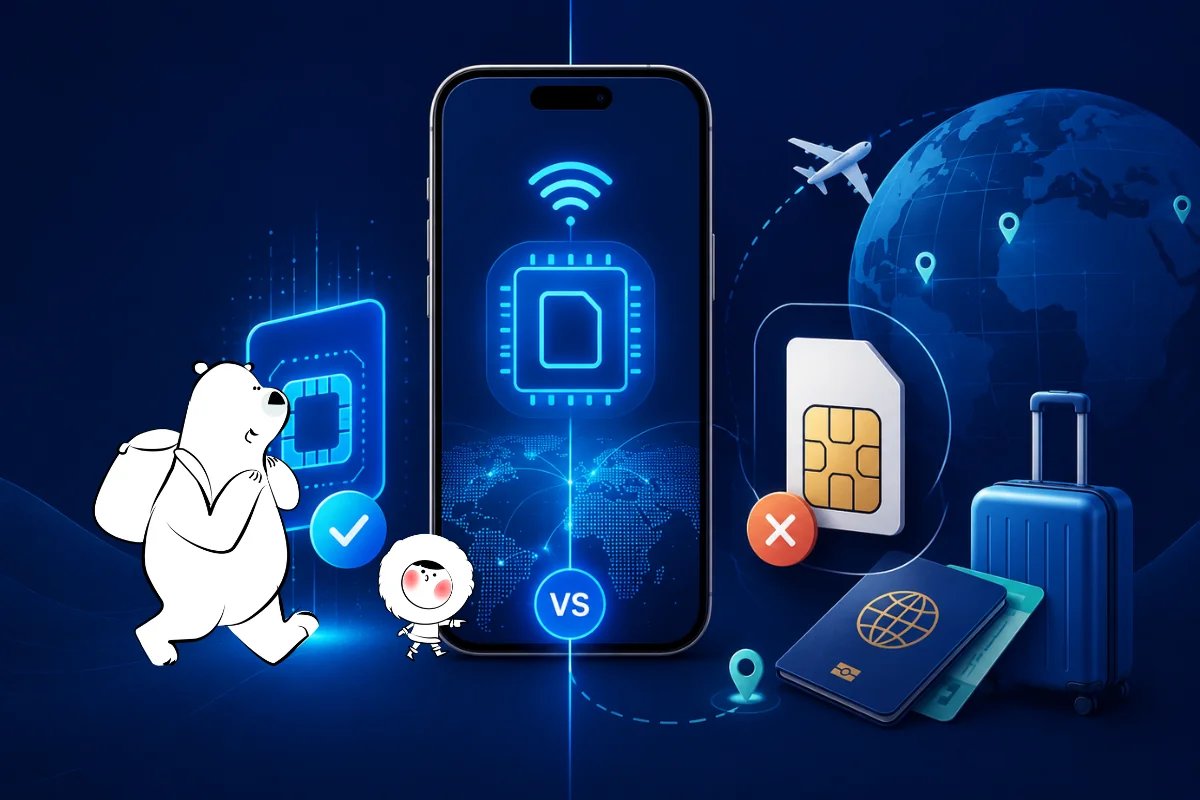 eSIM vs physical SIM travel comparison with smartphone, digital eSIM, SIM card, passport, suitcase, and global connectivity icons