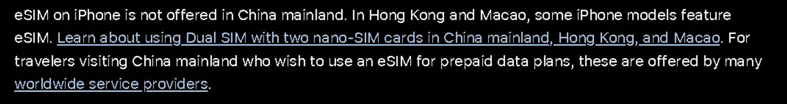 Apple Website saying that iPhones from China have no eSIM support, while only select models from Hong Kong and Macau can have eSIMs