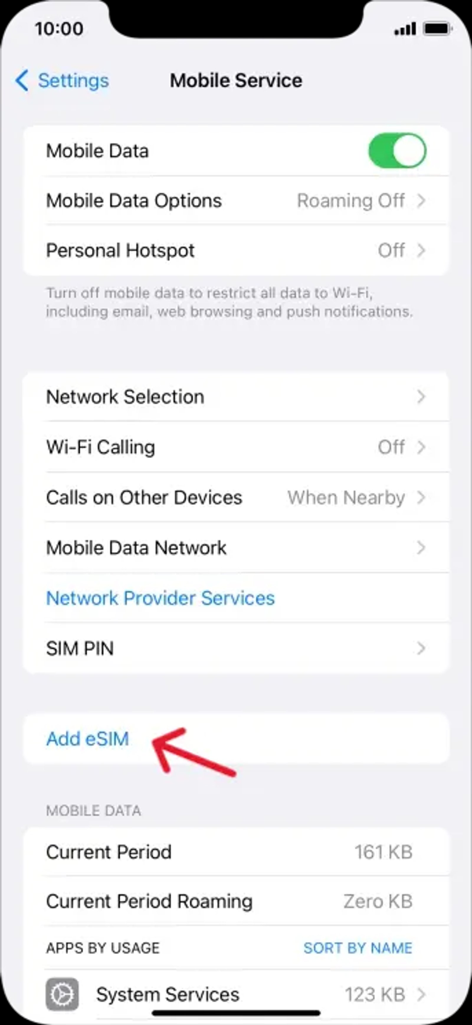 iOS Mobile Service with an Add eSIM button