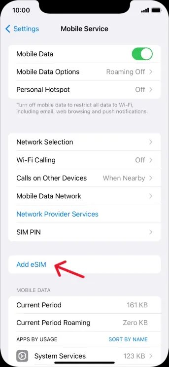 iOS Mobile Service with an Add eSIM button