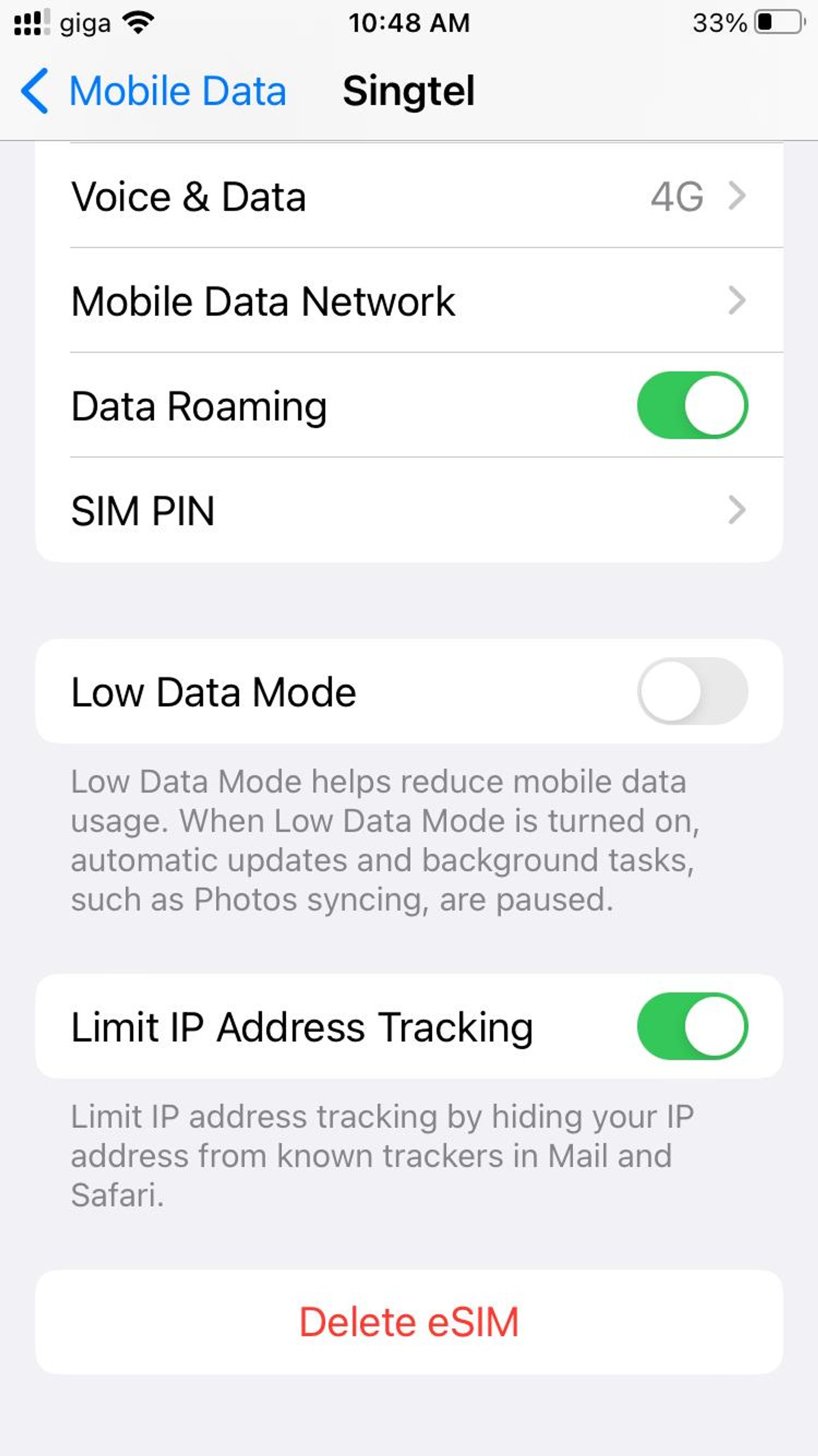 iOS Settings page showing the Delete eSIM button
