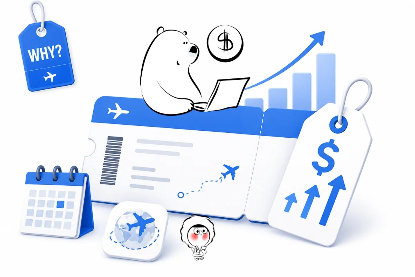 Illustration of an airline ticket, rising price tag, and WHY luggage tag explaining why airline tickets are expensive.