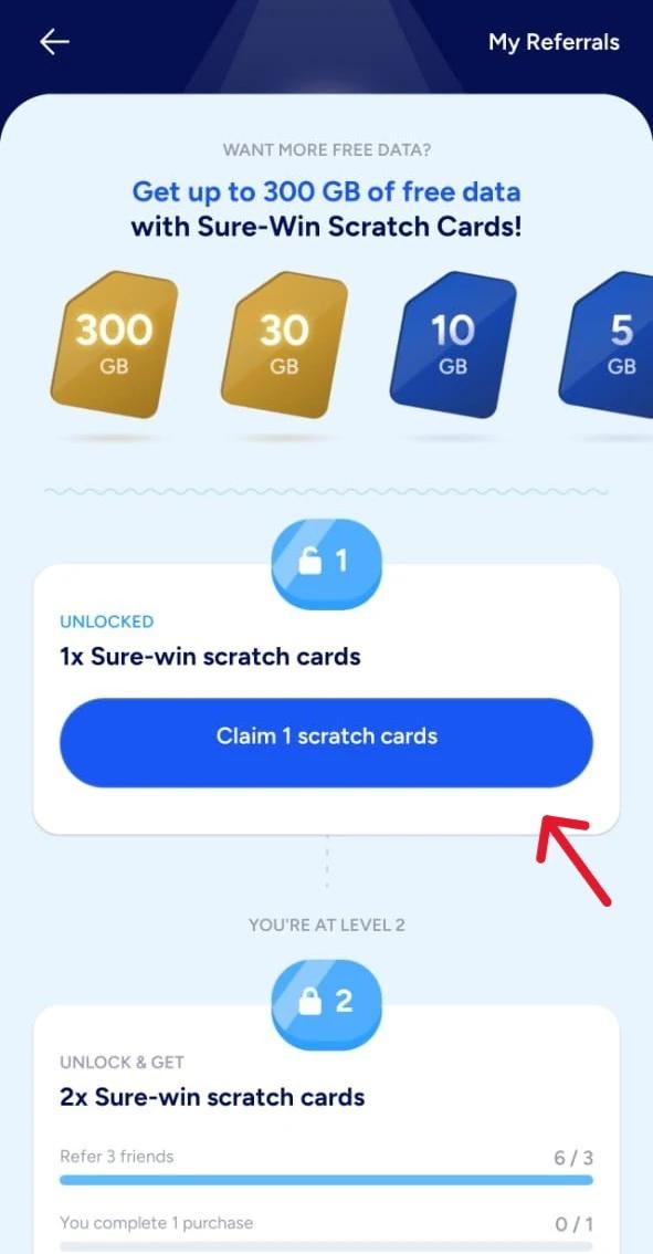 Inviting 3 friends succesffuly will unlock a scratch card, containing sure-win prizes for more free data