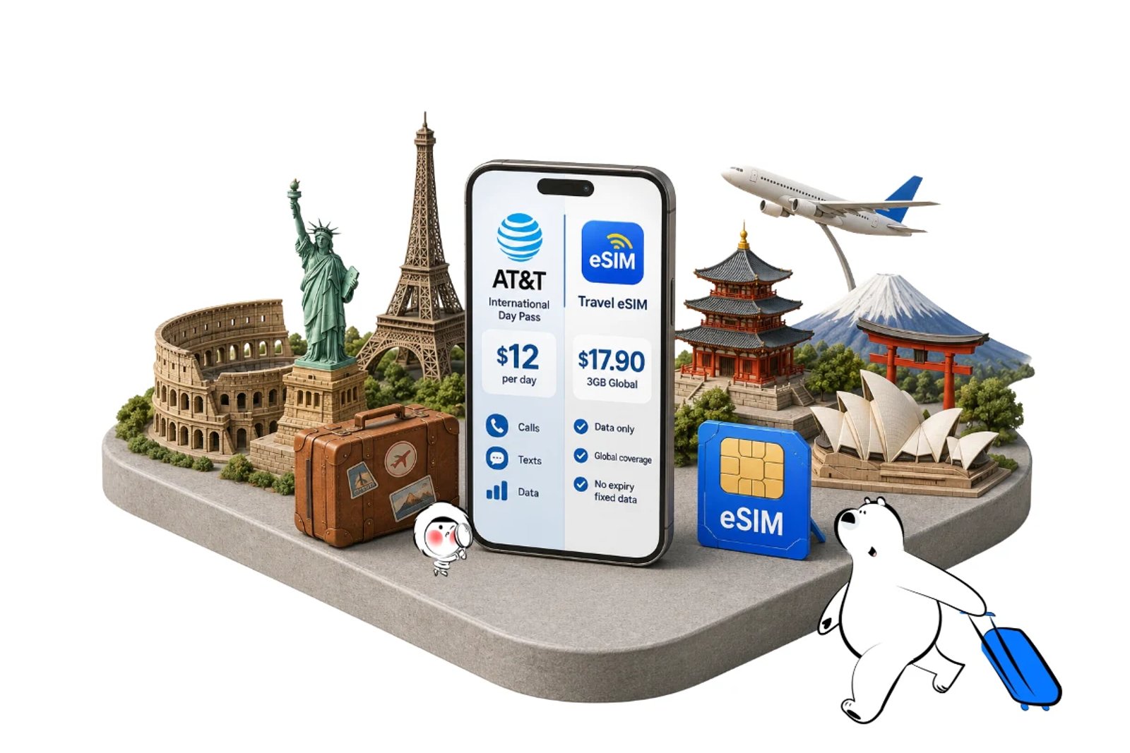 Smartphone showing an AT&T International Day Pass and travel eSIM comparison, with international destinations and mobile connectivity icons in the background.