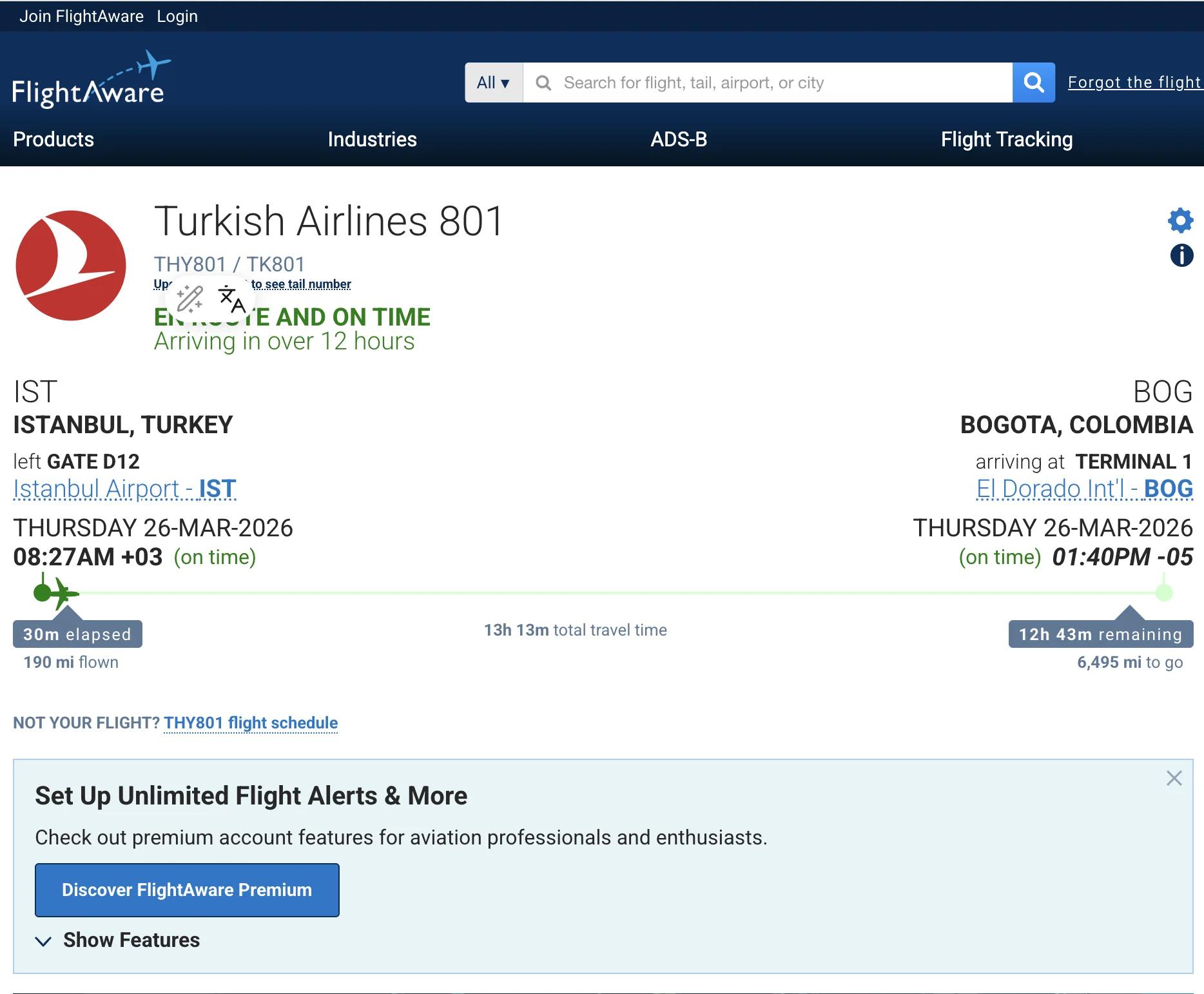 Flight details for turkish airlines 801 to Bogota, Colombia