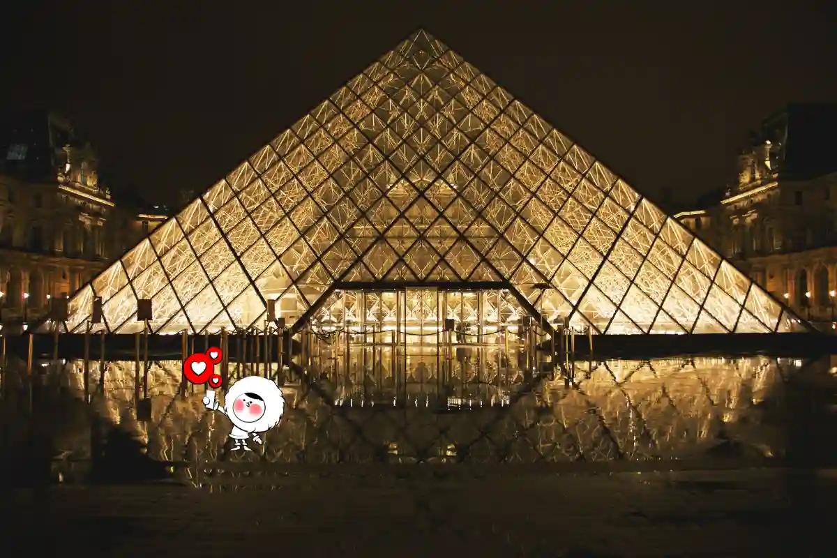 The illuminated glass pyramid of the Louvre Museum in Paris at night, reflecting on the water.