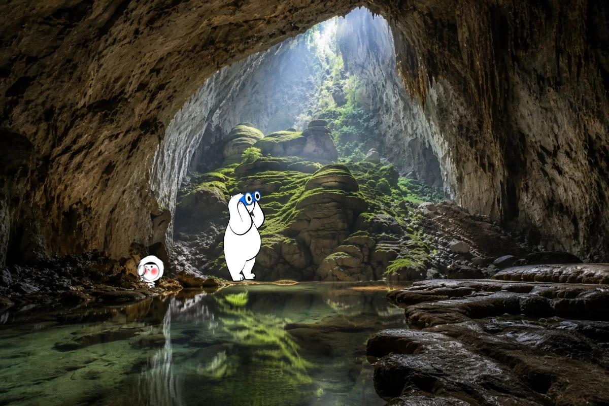Son Doong Cave in Vietnam, the biggest cave in the world, with limestone walls, underground water, and sunlight entering from above