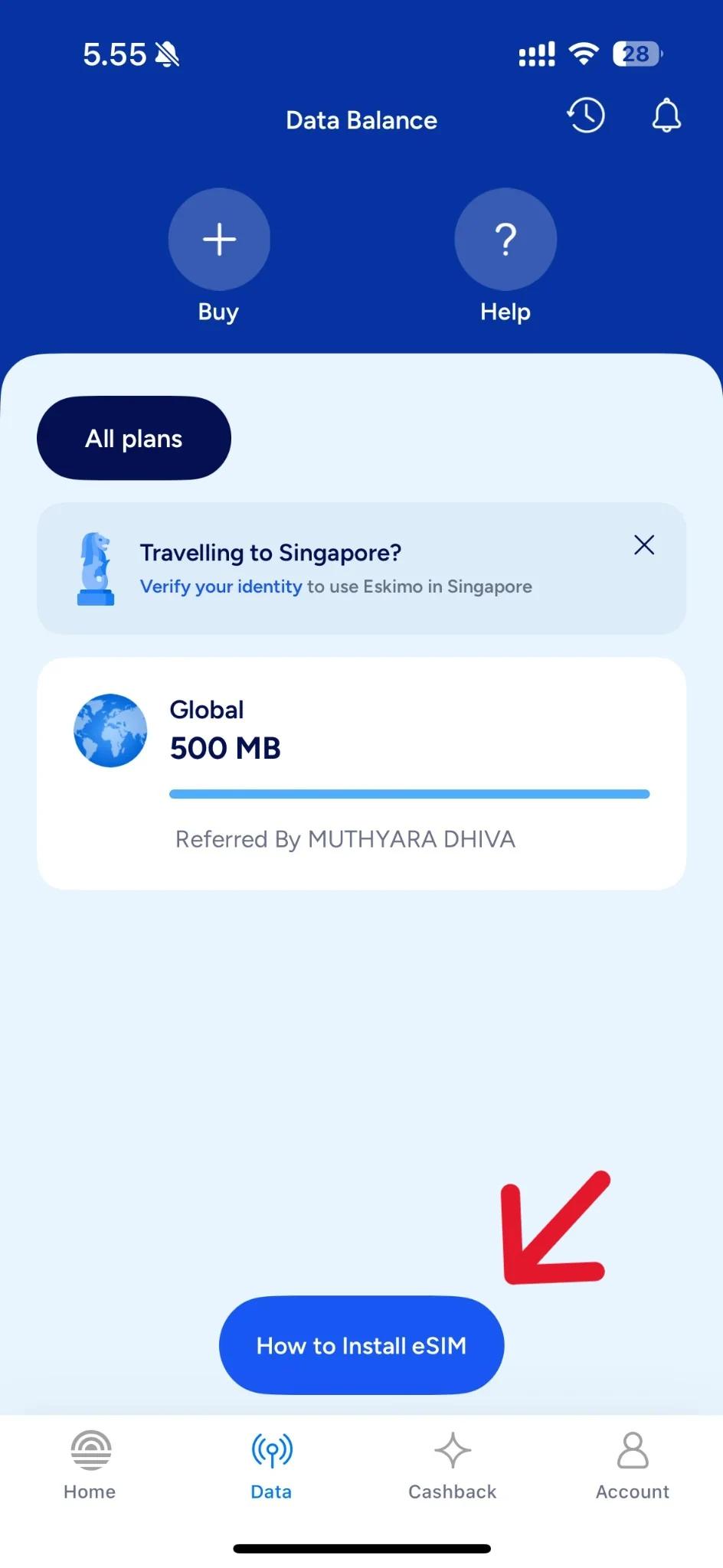 Eskimo app DATA page showing How to Install eSIM button for compatible devices only.