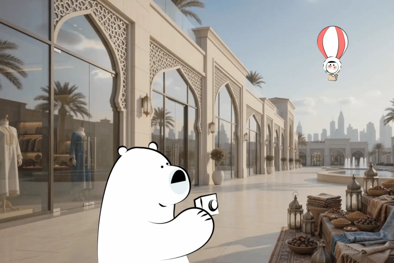 Modern Dubai mall with aquarium, skyline view, spice stall, textiles, and shoppers representing the best shopping in Dubai