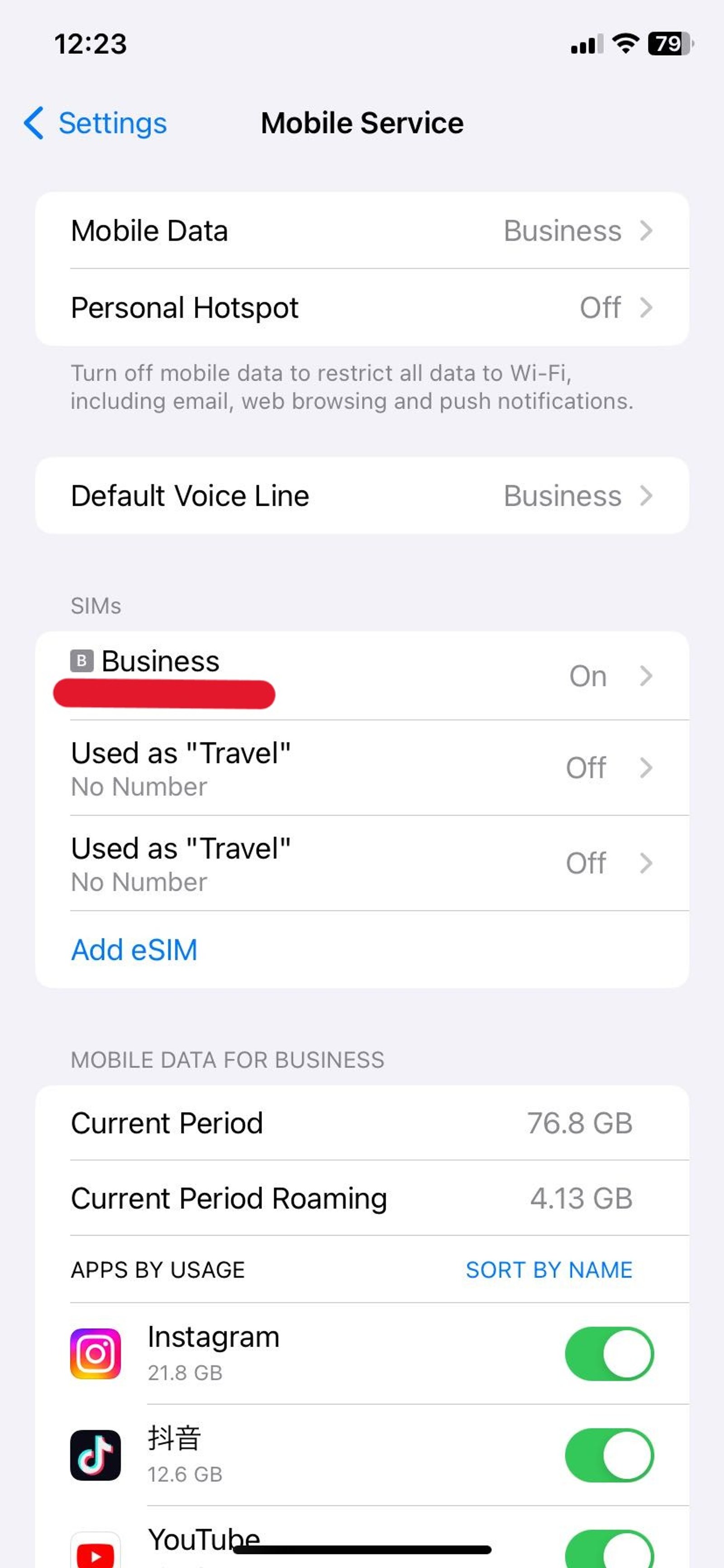 iOS Settings page showing two No Number eSIM