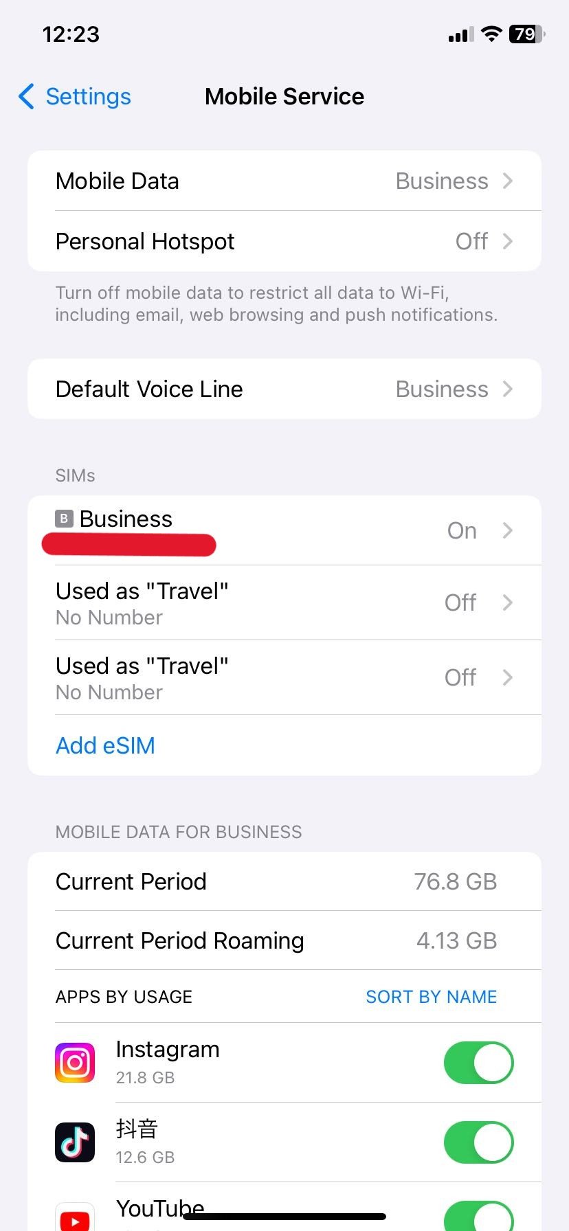 iOS Settings page showing two No Number eSIM