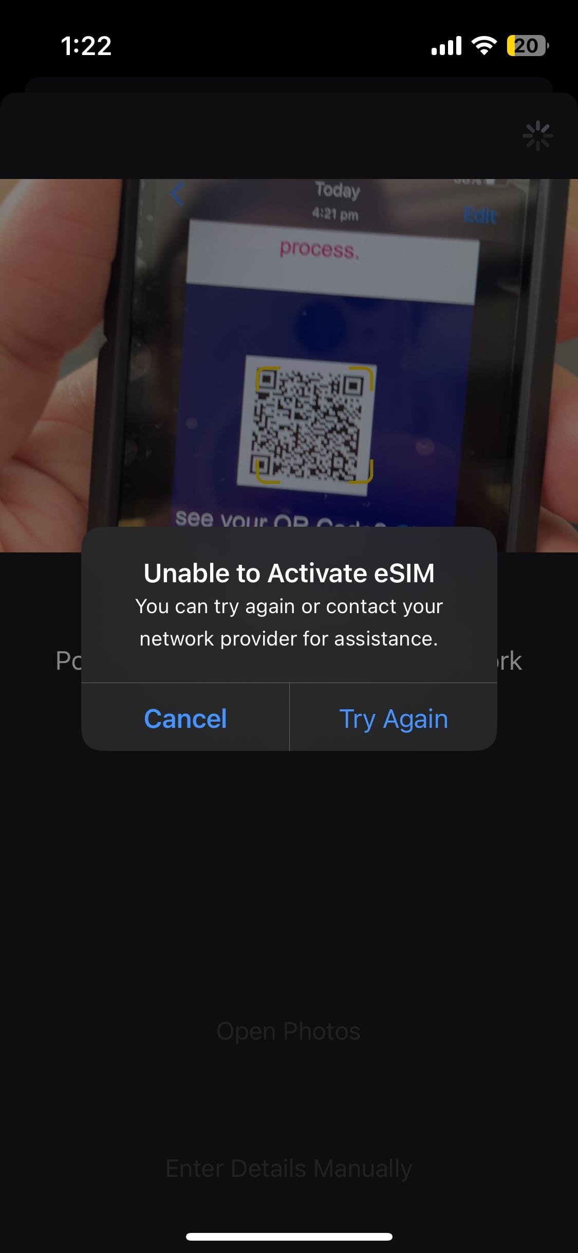 eSIM Installation error message on iOS that reads Unable to Activate eSIM
