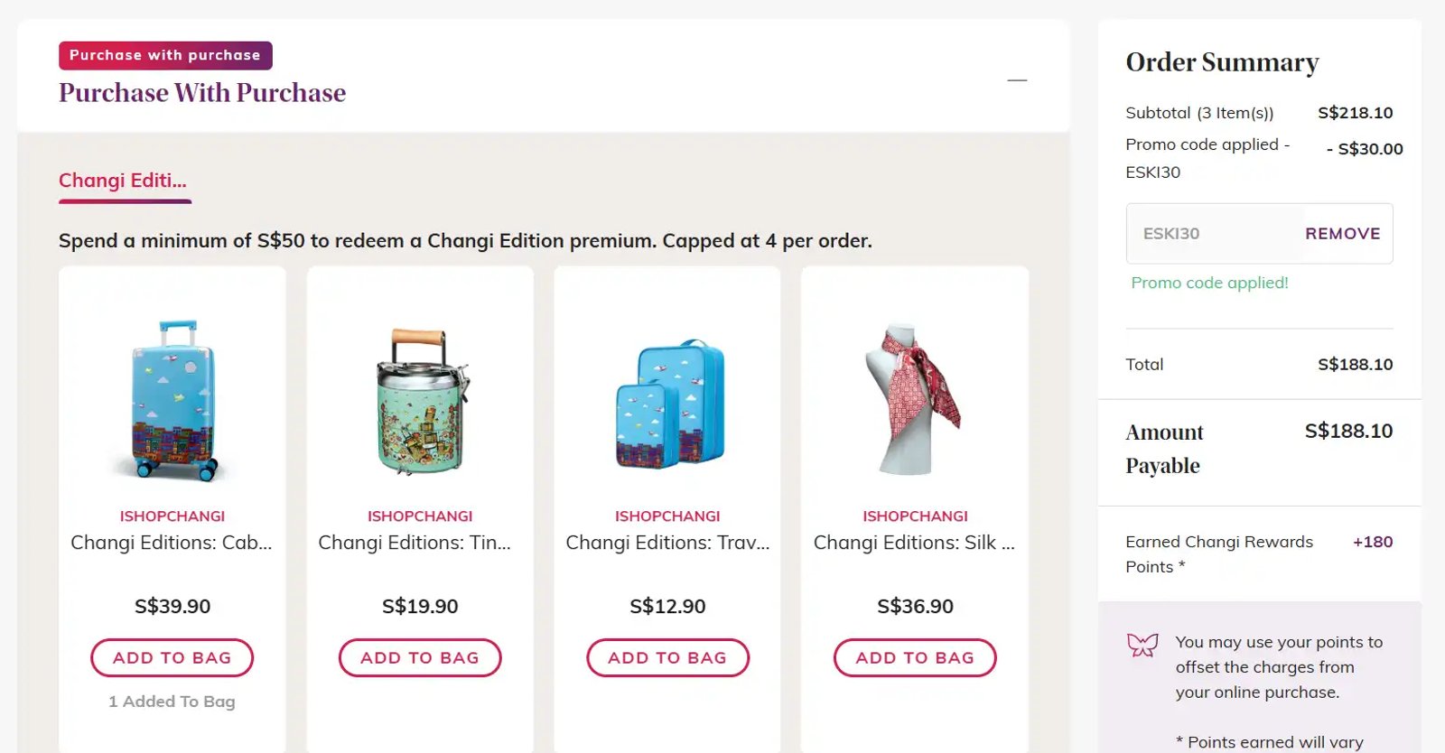 Screenshot of iShopChangi (iSC) checkout page with S$30 off applied