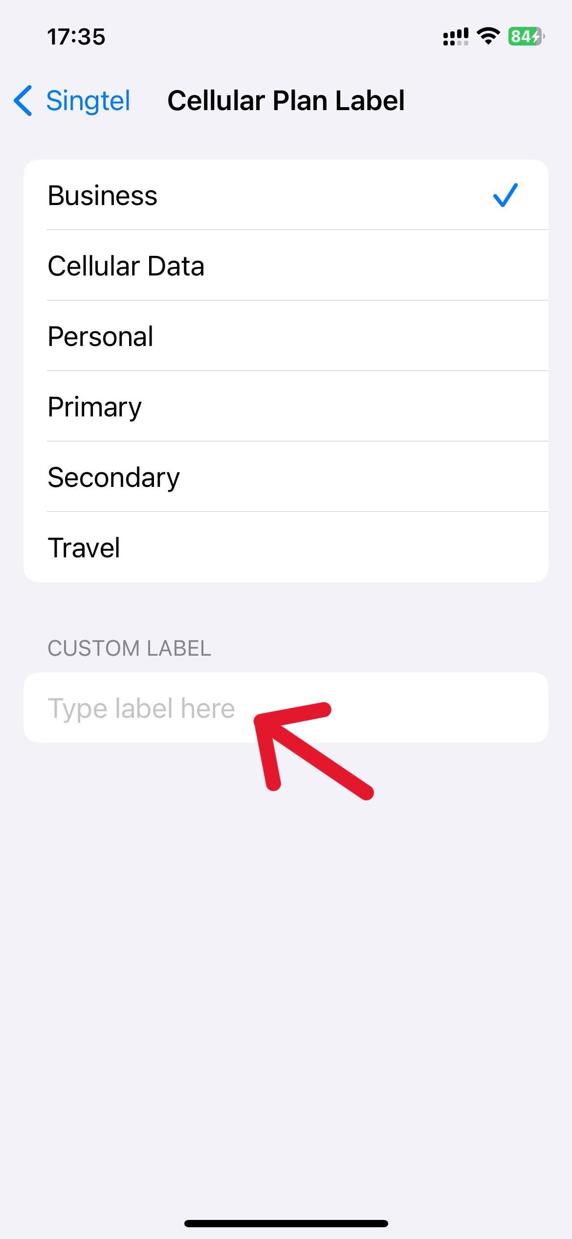 iOS Settings page where users can enter custom label for their eSIM