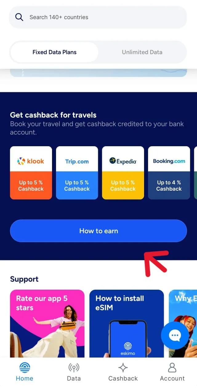 Screenshot of Eskimo app homepage showing the cashback section