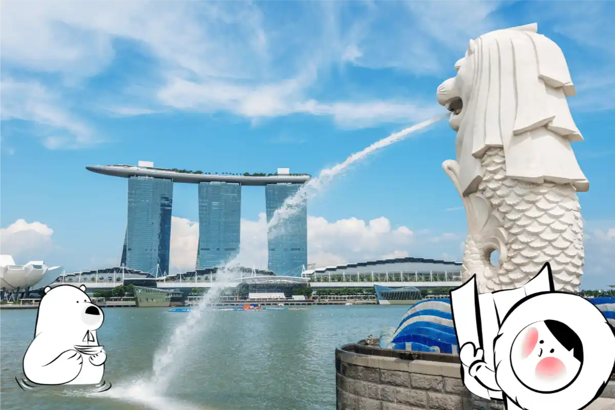 Merlion in the foreground with marina bay sands in the background, talking about Singapore eSIM