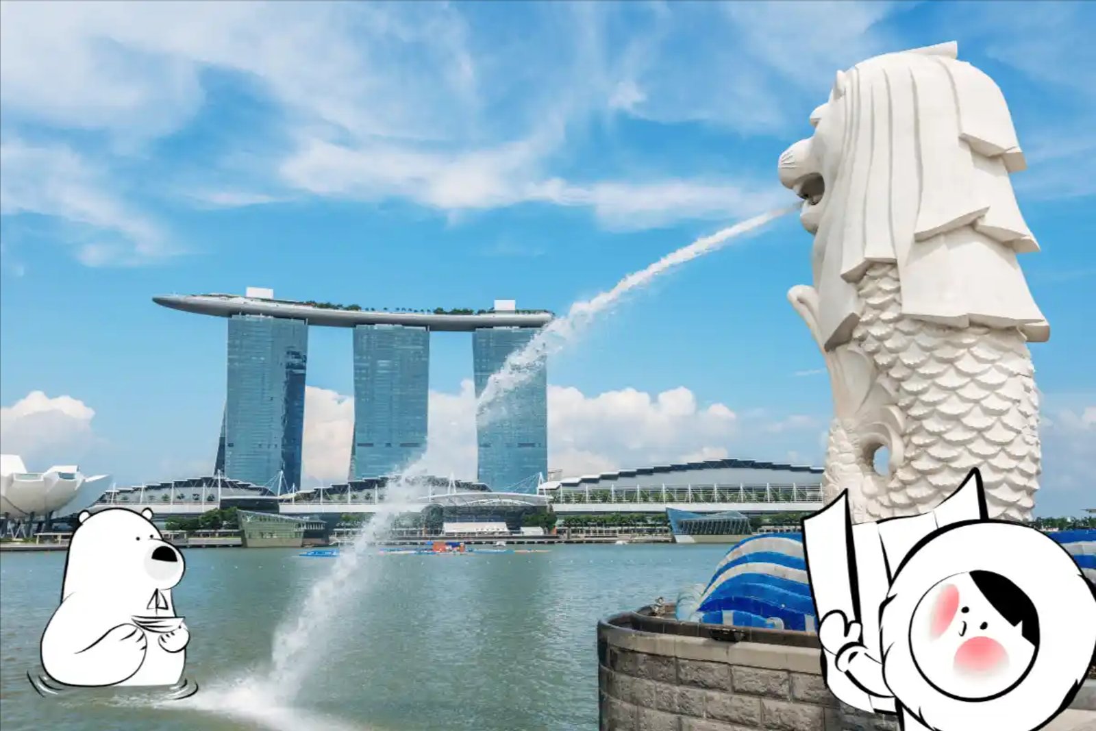 Merlion in the foreground with marina bay sands in the background, talking about Singapore eSIM