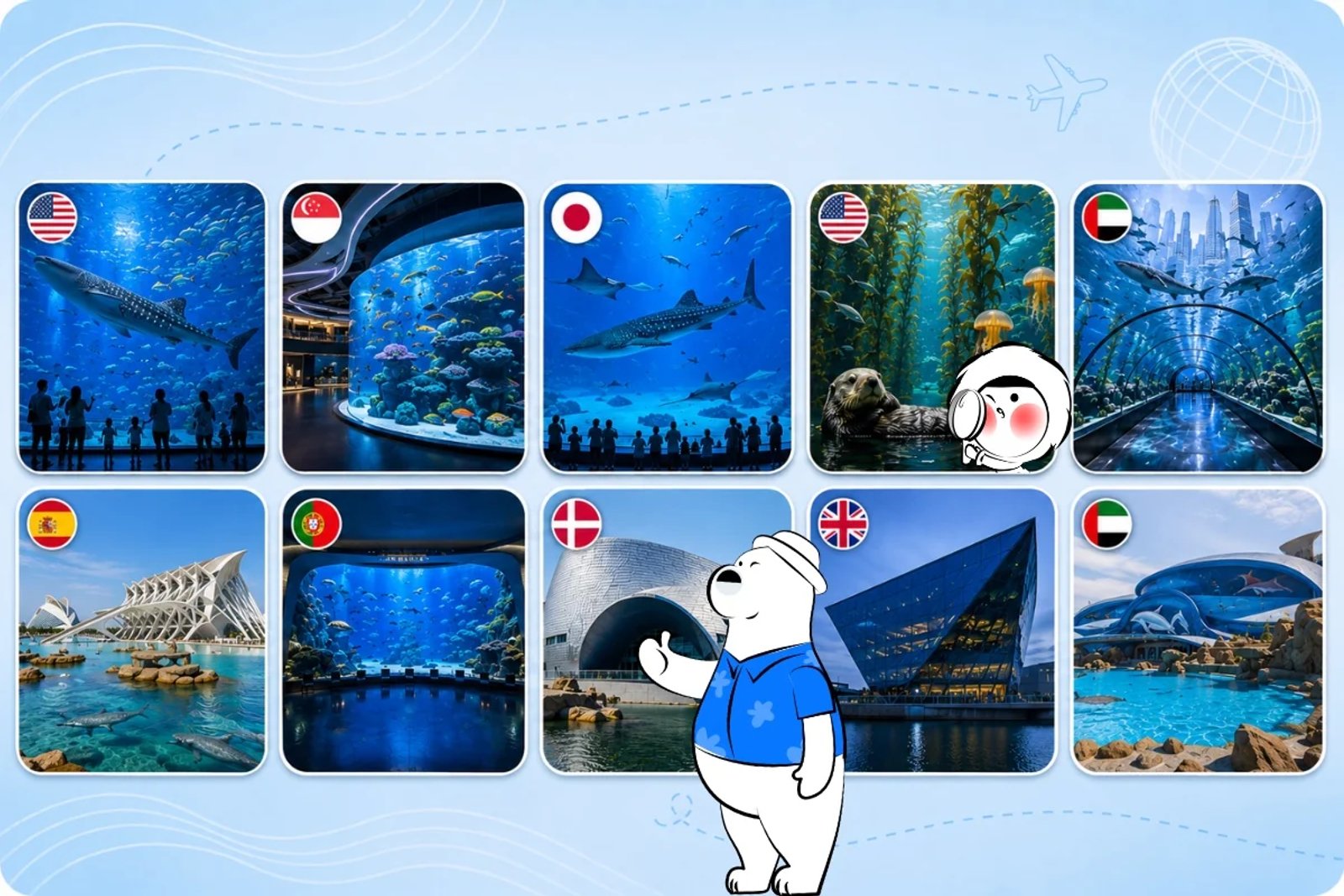 Top 10 best aquariums in the world including Georgia Aquarium, Singapore Oceanarium, Okinawa Churaumi Aquarium, Monterey Bay Aquarium, Dubai Aquarium, Oceanogràfic Valencia, Lisbon Oceanarium, National Aquarium Denmark, The Deep, and SeaWorld Abu Dhabi