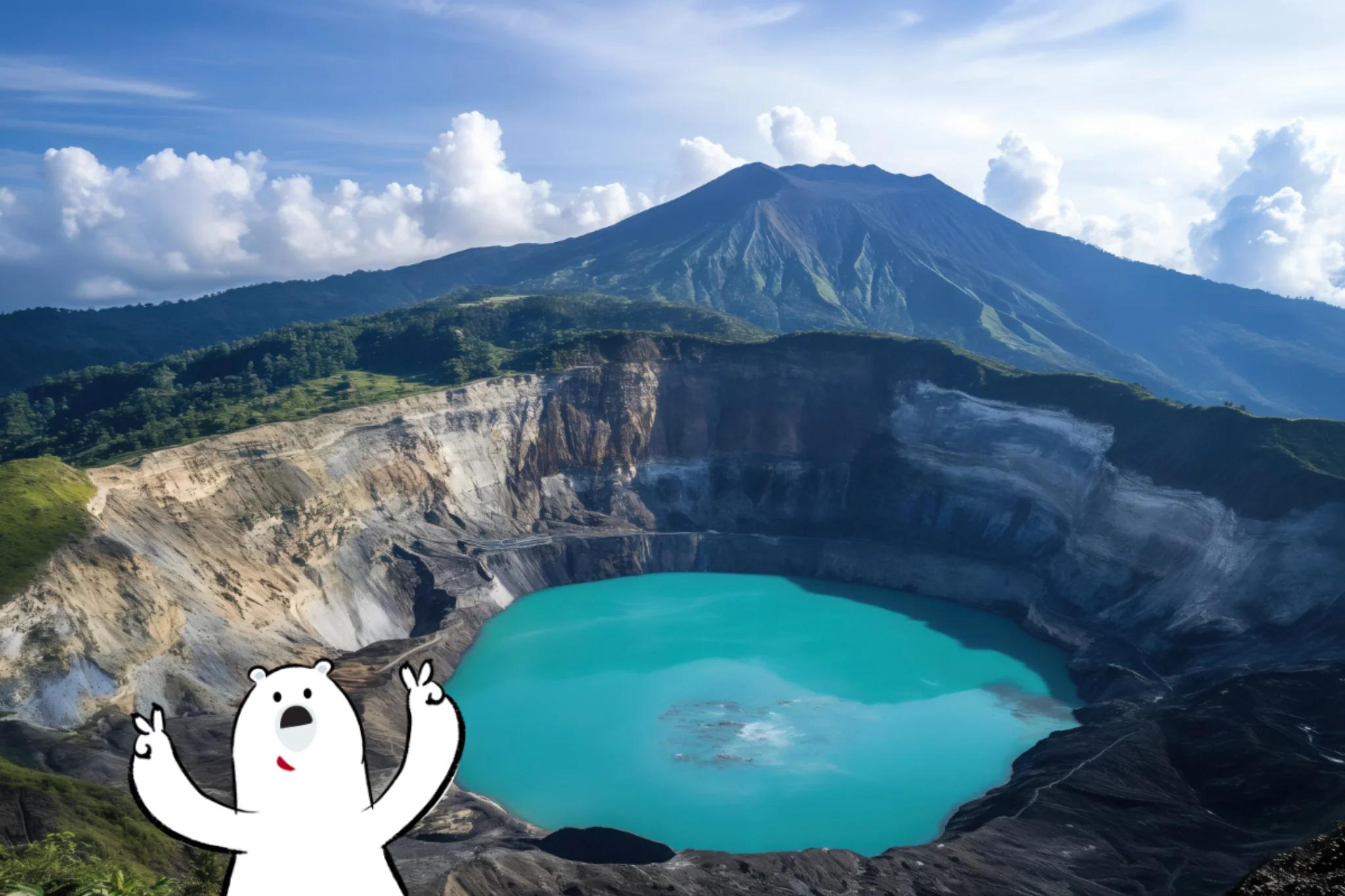 Volcanic crater with a bright turquoise lake surrounded by steep rocky walls and mountains in the background.